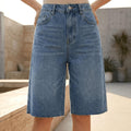 Relaxed fit, knee-length, raw hem denim bermuda shorts, high-waisted classic washed casual women's wear
