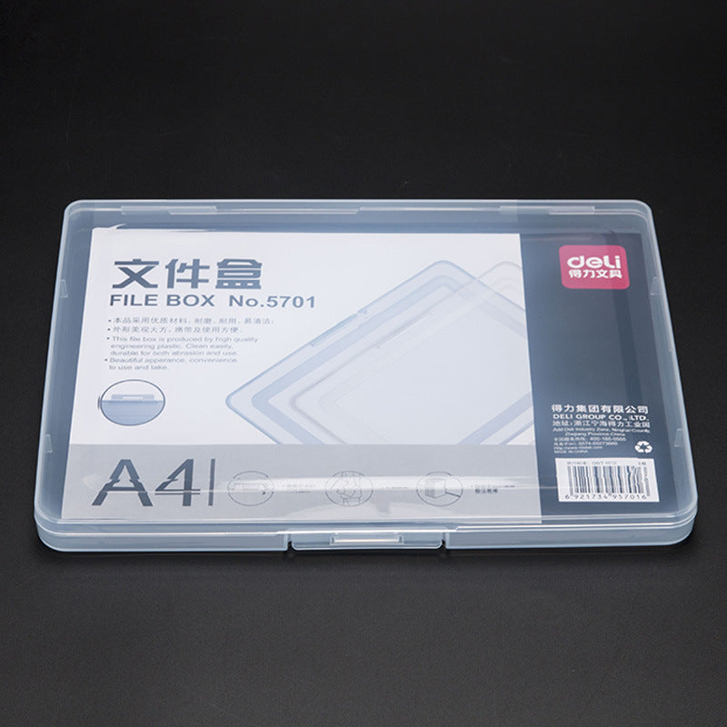 Deli file box 5701 transparent PP file storage box A4 data box, for office and study, portable and moisture-proof