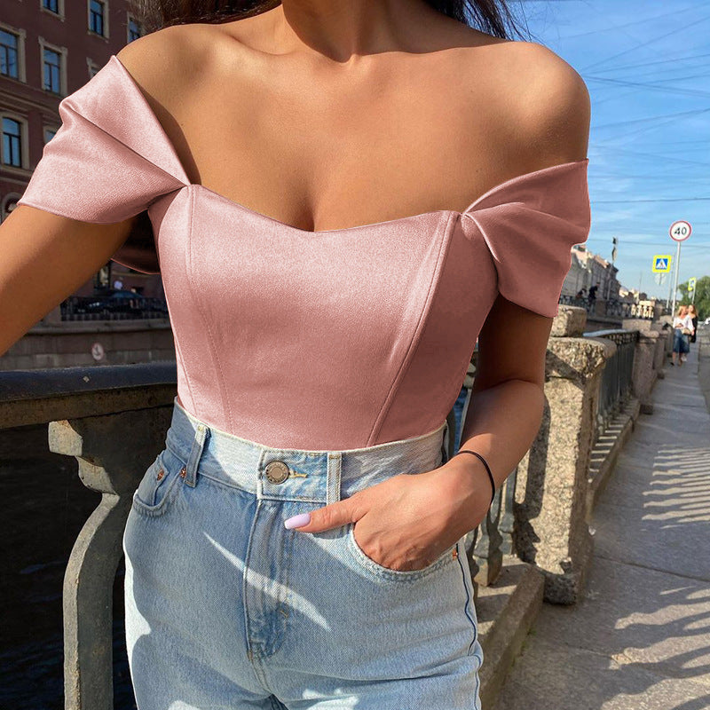 summer new arrival cross-border fishbone corset bandeau top women's satin off-the-shoulder blouse european and american style