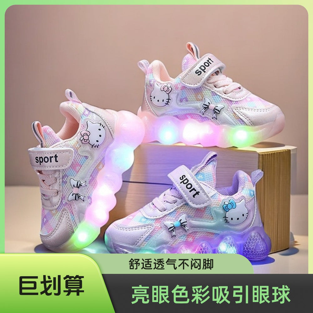 Light-up baby girl shoes, girls' sneakers, soft sole,  spring/autumn new style, mesh, hello kitty, dropshipping available