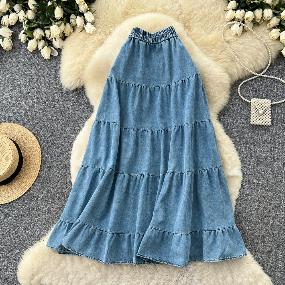 K-stylecasual style denim pleated a-line skirt women's slimming look elastic waist cake skirt easiest for matchwork clothing long skirt