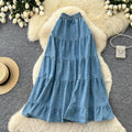K-stylecasual style denim pleated a-line skirt women's slimming look elastic waist cake skirt easiest for matchwork clothing long skirt