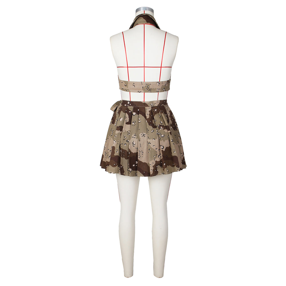 supply sexy european and american clothing camouflage naked back tie backpleated skirtfashionsuit