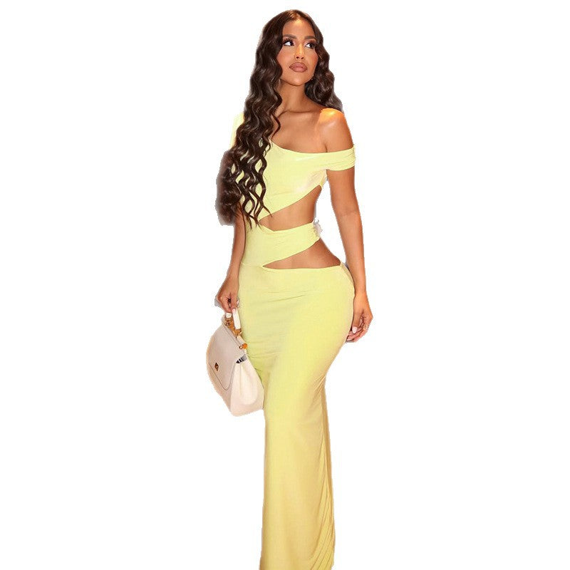 European and american style cross-border solid color elegant women's bodycon mini dress with cutout asymmetrical design - evening party gown