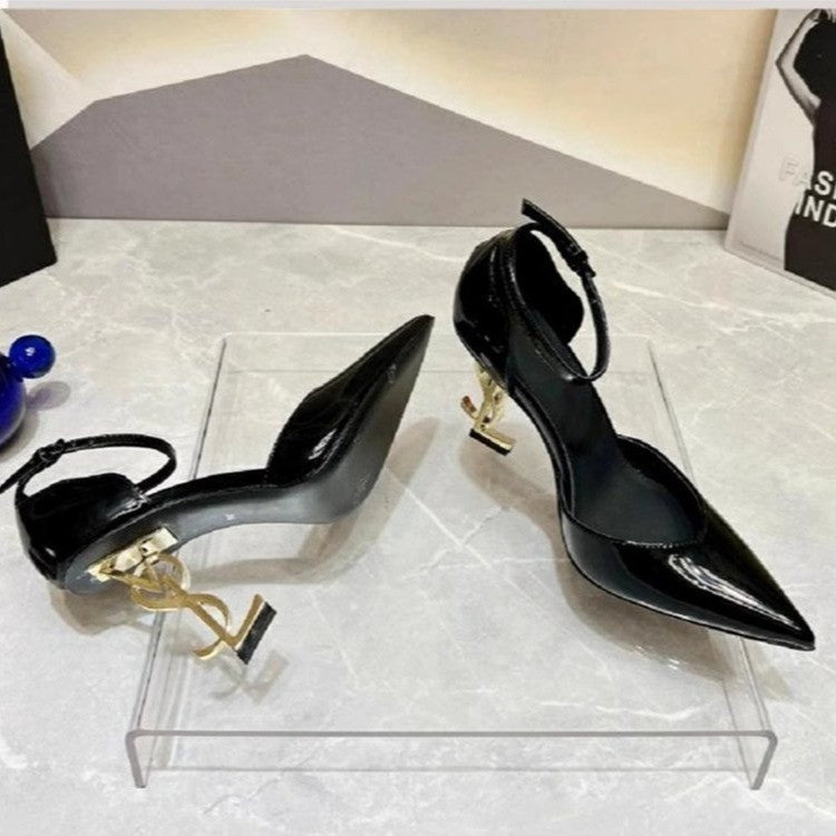 Fashionpure color patent leather patent leather toe sandals women's letter heel one-line strap flats pointed toe hollow fashion high heels