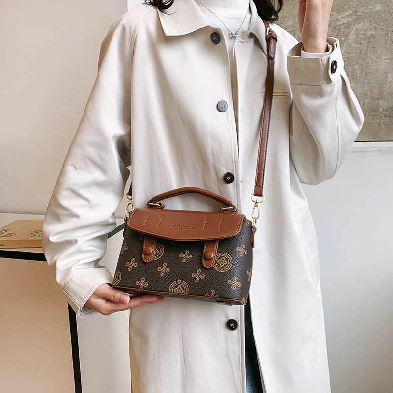 High-end retro print handbag for women, 2025 new color block fashion tote bag, shoulder bag, crossbody commuter small square bag