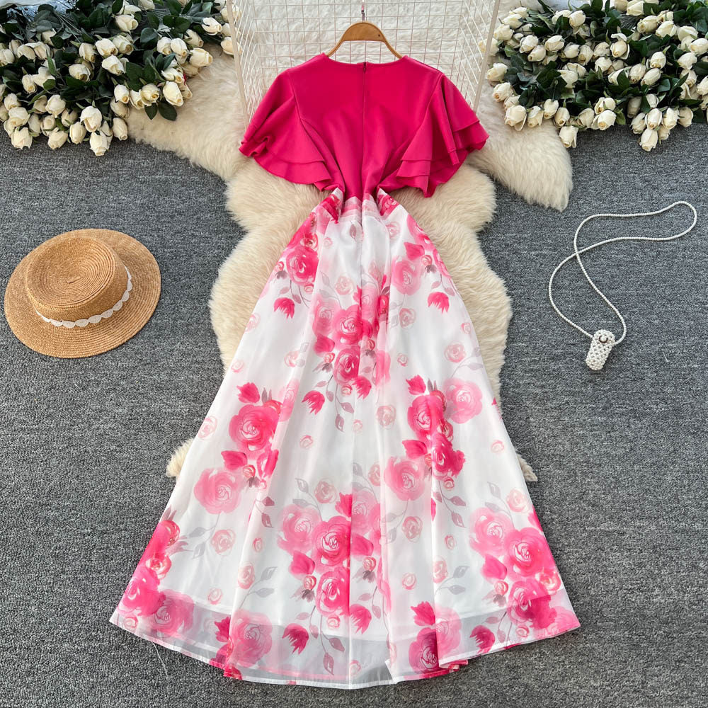 French chic v-neck ruffle sleeve patchwork print dress - women's summer color block korean style fitted high-end maxi dress