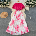 French chic v-neck ruffle sleeve patchwork print dress - women's summer color block korean style fitted high-end maxi dress