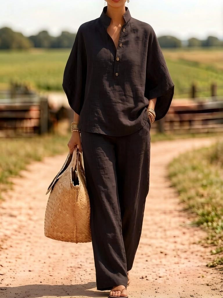 european and american cross-border new spring/summer comfortable casual button-down shirt and wide-leg pants linen two-piece women's set