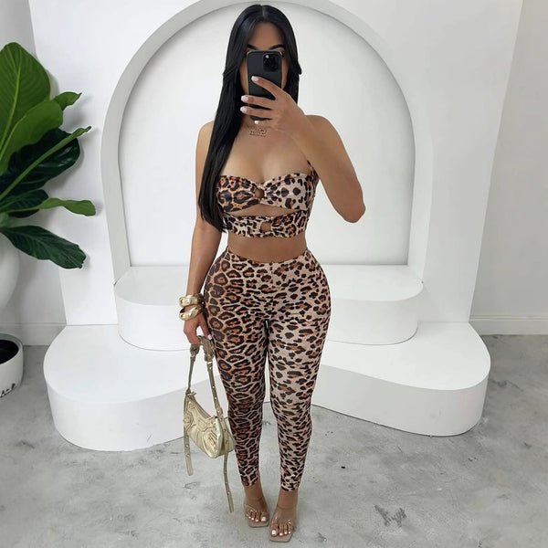 European and American new  fashion leopard print slim-fitting sexy hollow short vest top cropped pants set