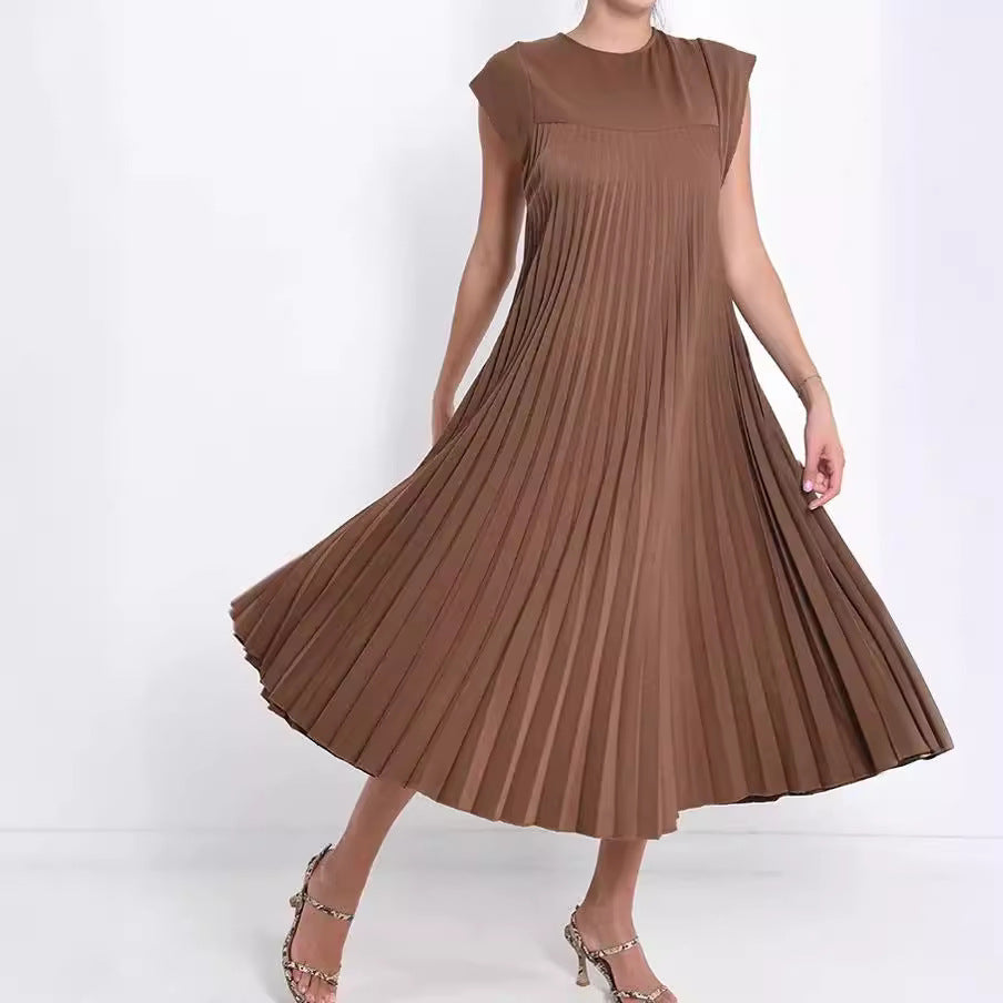 Amazon women's  european and american style spring new arrival solid color elegant fashion round neck short sleeve pleated loose dress