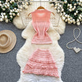 Summer's hottest outfit: french chic sweet pink polo sleeveless vest + pleated midi skirt set