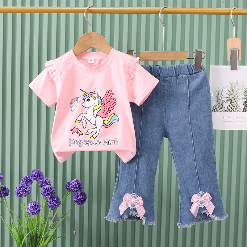 New girls' summer outfit: cartoon cute pattern short-sleeve top + bowknot denim shorts two-piece set - wholesale