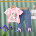 New girls' summer outfit: cartoon cute pattern short-sleeve top + bowknot denim shorts two-piece set - wholesale