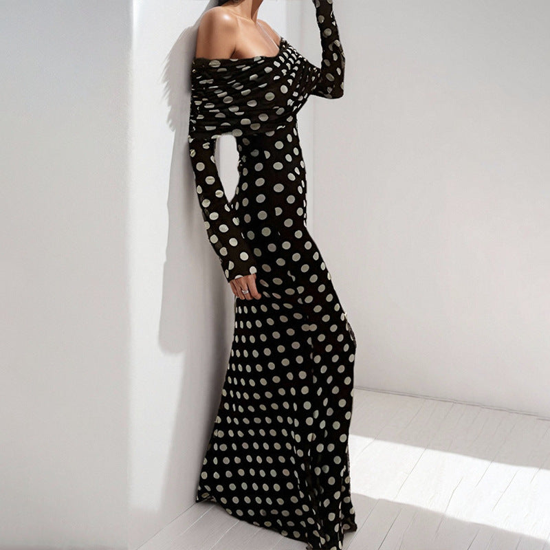 cross-border e-commerce european and american women's clothing: new summer collection - vintage polka dot off-the-shoulder bodycon maxi dress 661