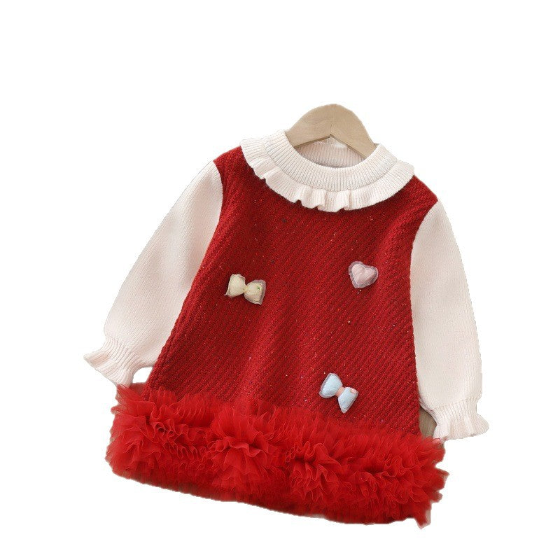 Kidssweaterlong skirtfall and winter new new year's greetings style bows christmas skirt girldress