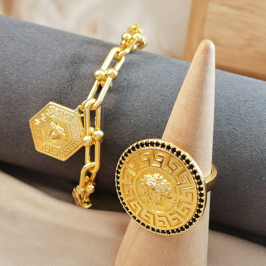 18k gold-plated medusa pattern jewelry set - hexagon pendant necklace, earrings, bracelet, and ring four-piece set