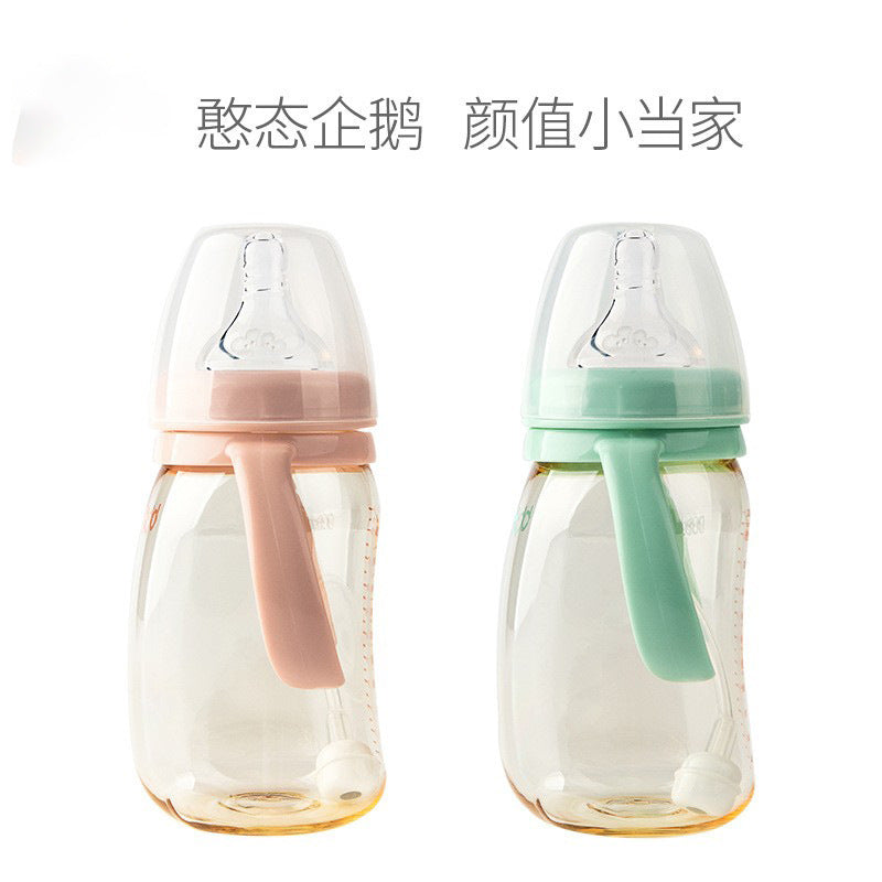 Babycare ppsu wide-neck baby bottle - penguin design, drop-proof, with straw and handles, 240ml