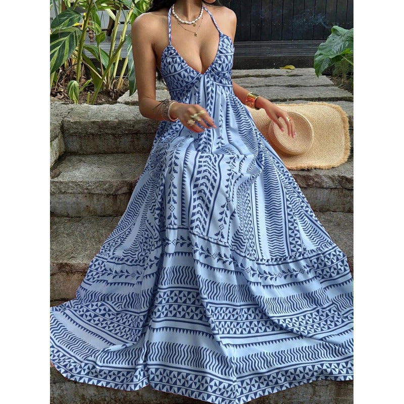Amazon  summer new arrival: printed beach vacation style v-neck halter backless tie-up dress for women