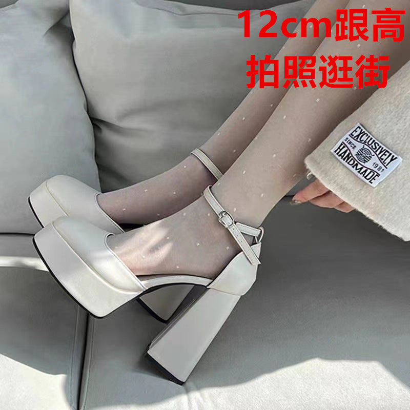Super high heels Barbie shoes women's new spring and autumn beige bag head Mary Jane thick heel sandals wedding shoes