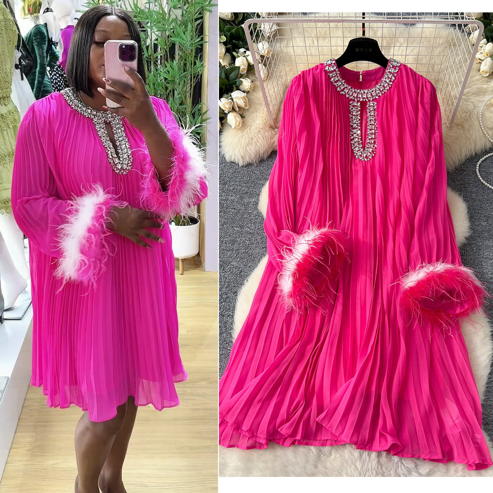 autumn european and american style round neck rhinestone embellished cutout feather trim long sleeve pleated mini dress - relaxed fit