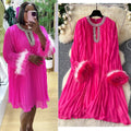 autumn european and american style round neck rhinestone embellished cutout feather trim long sleeve pleated mini dress - relaxed fit