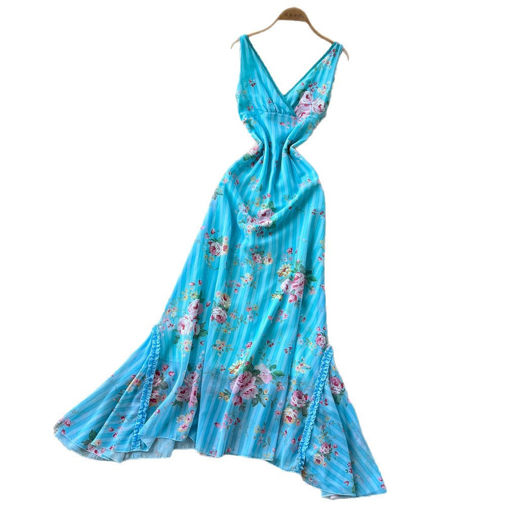 French riviera style blue floral print cami dress - women's summer dress, sweet & sexy v-neck, cinched waist, elegant maxi dress