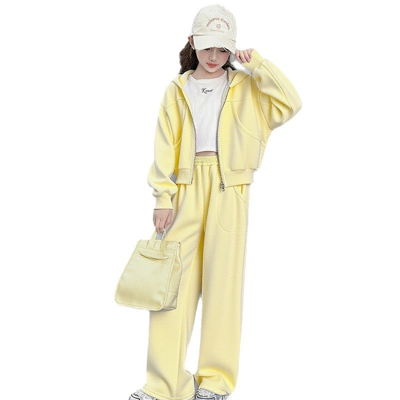 Girls' spring/autumn casual two-piece set:  new fashion wide-leg pants solid color activewear set - stylish and trendy