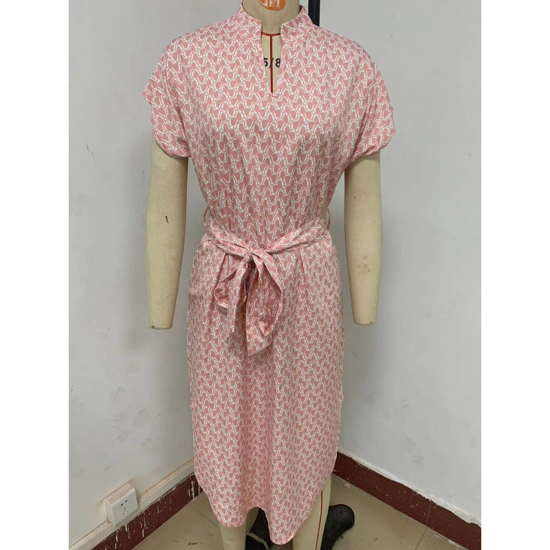 cross-border all-over print batwing sleeve drawstring dress
