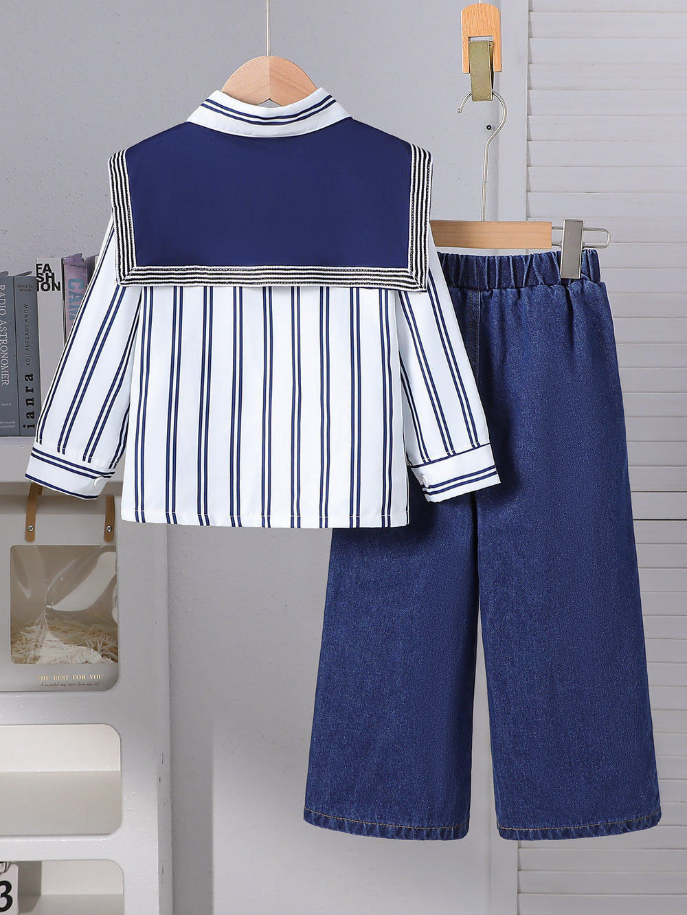 new autumn cross-border girls' striped shirt with color block shawl + straight-leg jeans three-piece set
