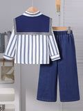 new autumn cross-border girls' striped shirt with color block shawl + straight-leg jeans three-piece set