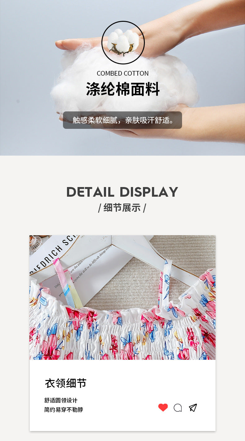 summergirlsuit pink shorts floral suspender topschildrenk-style short-sleeved two-piece set