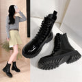 Women's mid-calf chunky heel round toe chelsea boots - 2025 autumn new korean style patent leather women's shoes - comfortable martin boots
