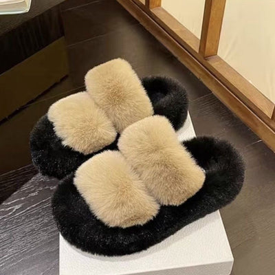 2025 autumn/winter trendy fuzzy slippers - instagrammable, versatile, women's outdoor wear, one-strap mules, chunky platform, criss-cross design