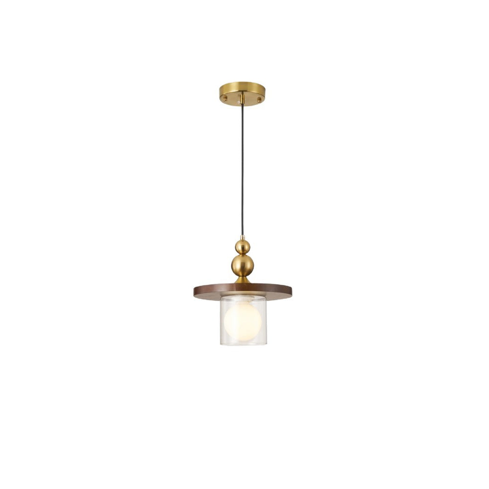 Vintage walnut bedside pendant light - gold & clear glass - retro southeast asian style - bedroom, bar, entryway, homestay