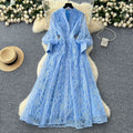 French retroelegancedress women's 2025new arrivalclassy stand collar single breasted waist embroider mesh long skirt