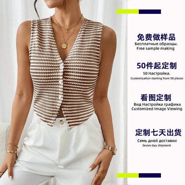 Small batch custom knitted vest autumn   European and American sleeveless striped vest cardigan labor package material processing