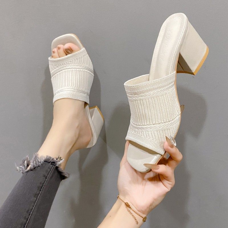 Square toe sandals summer  new french high heels open toe flyknit cutout peep-toe thong sandals wholesale