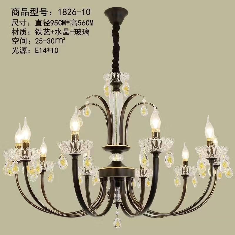 American simple wrought iron living room light luxury creative bedroom dining room light retro crystal light clothing store candle chandelier