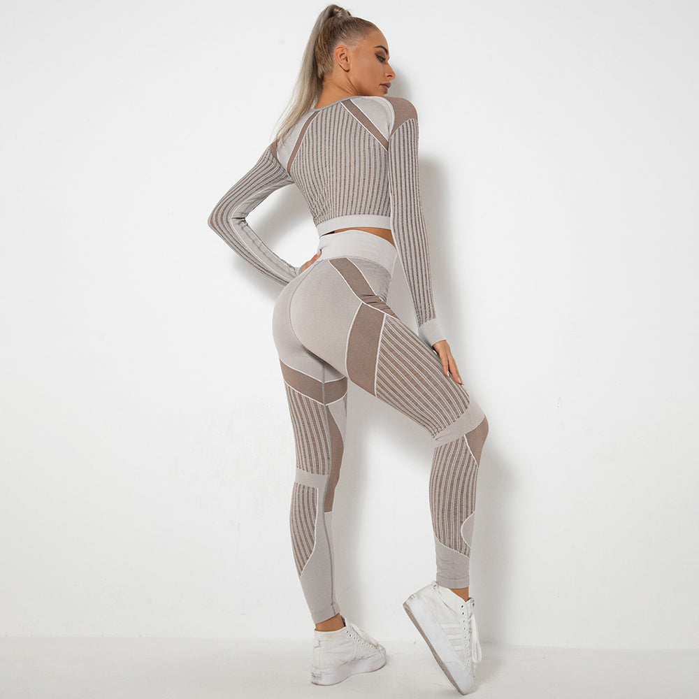 European and american seamless yoga outfit - shaping, quick-dry activewear set with butt-lifting, tight-fitting, striped, and cutout design - two-piece fitness leggings
