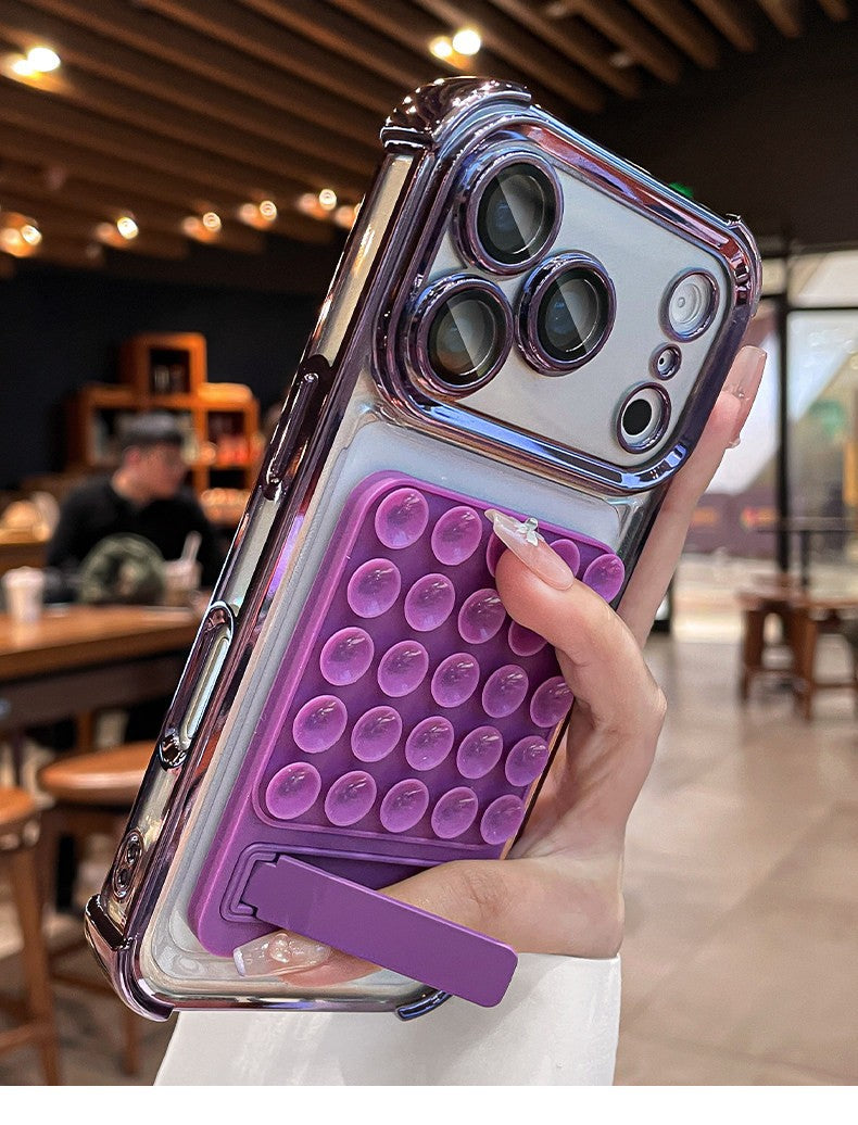 Silicone suction cup kickstand case for iphone 17 pro max, apple 15 electroplated four-corner shockproof phone case