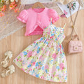 Summer girls' camisole dress with pink lantern sleeve cardigan - oil painting style print skirt - kids' dress set