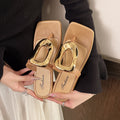 2025 summer new square toe thong sandals - versatile outdoor wear, casual flat sandals with metal buckle, unique women's slippers