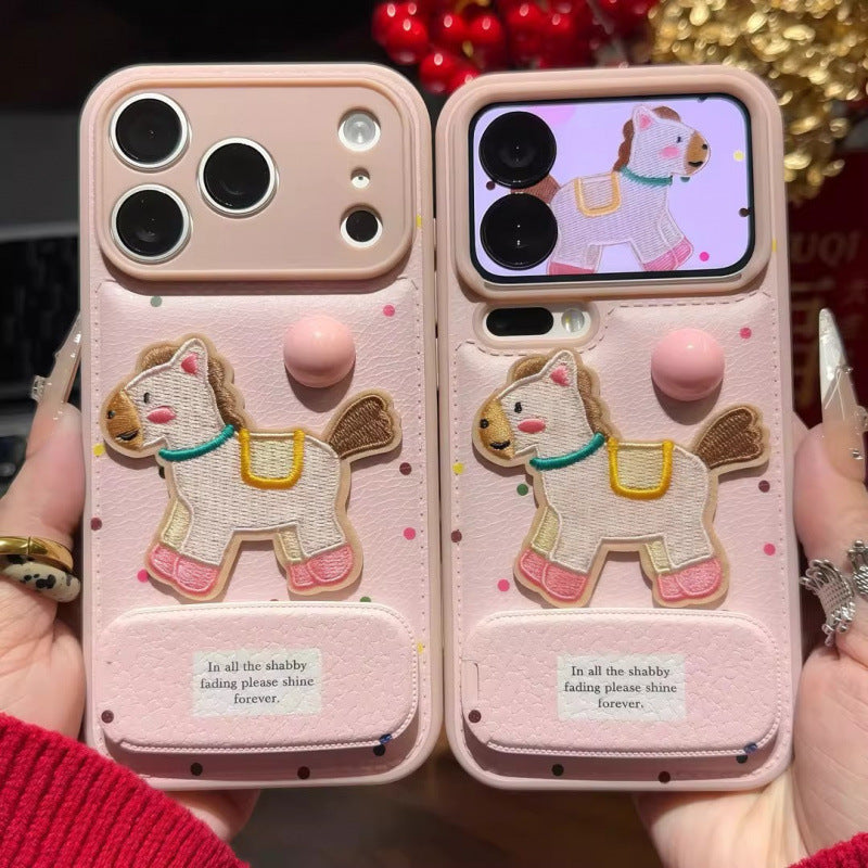 Pink pony leather pattern bread shell suitable for apple 17 mobile phone case pink women's iphone16 stand new year case