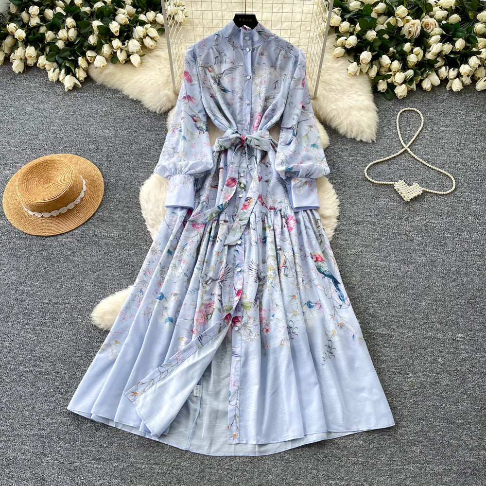 French retro print lantern sleeve dress - women's autumn korean style tie-waist slimming a-line maxi dress - commute friendly