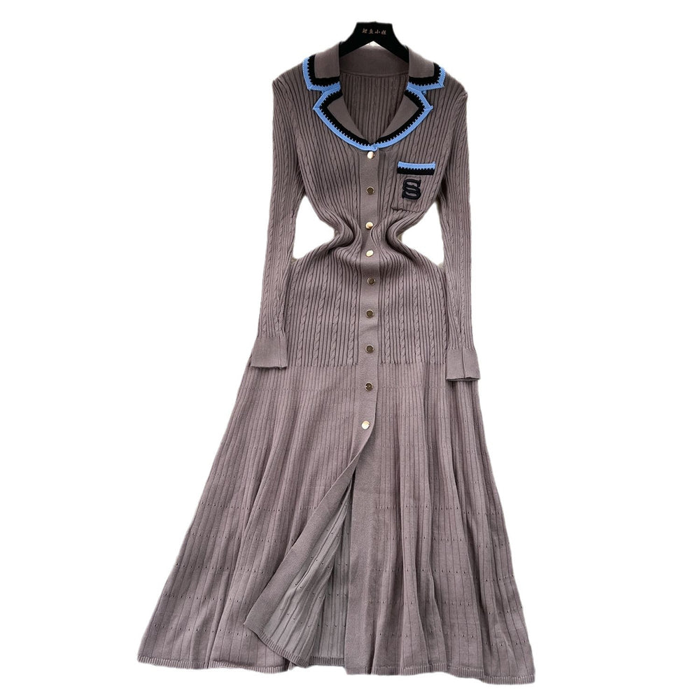 Xiaoxiangfengknittingdress women's fall and winternew arrival women's bottom skirtelegant waist contrast colorembroidersweaterlong skirt