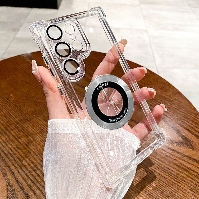 Suitable for samsung s25ultra electroplated four-corner airbag magnetic phone case s26 comes with lens film a56 protective cover
