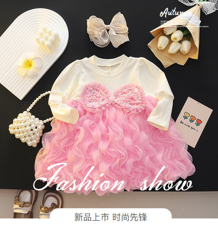 Girls' autumn dress - trendy tutu skirt, new  pink mesh round neck long sleeve princess style sweet dress