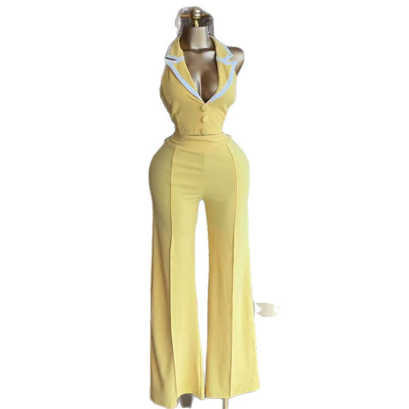 European and american women's clothing  autumn new collection: sweet and fresh sleeveless vest with suit collar and high-waisted straight-leg pants two-piece set