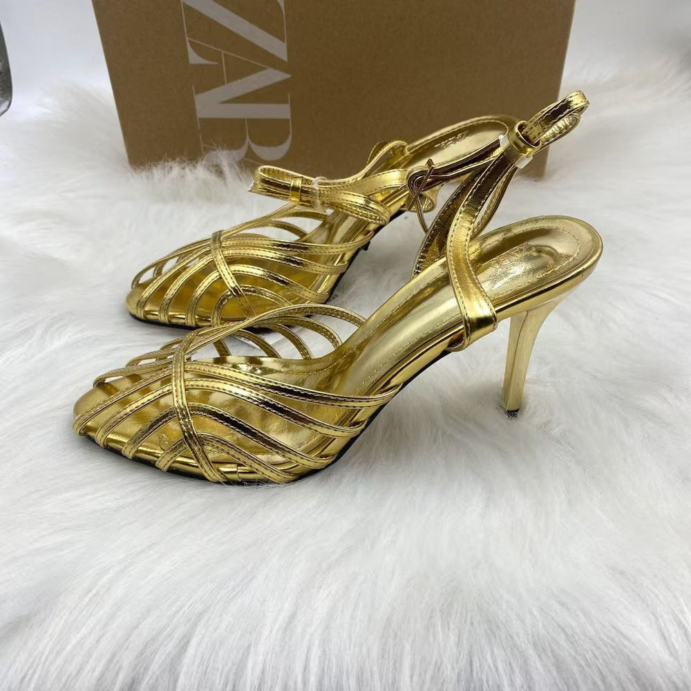 Za cross-border independent station insfashion catwalk electroplated steel heel one-word buckle strap simple open toe women's shoes sandals